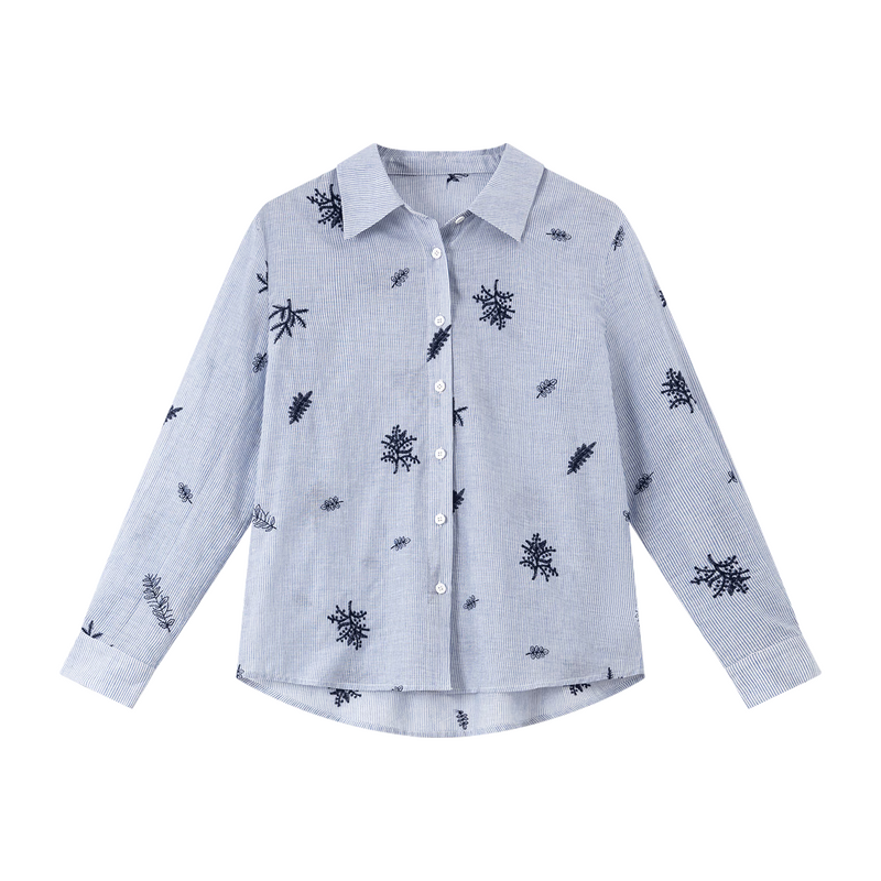 梵希蔓藍白條紋植物刺繡翻領(lǐng)襯衫女25年秋季新款純棉百搭長(cháng)袖上衣 A3100 藍白條 M (建議100-110斤)