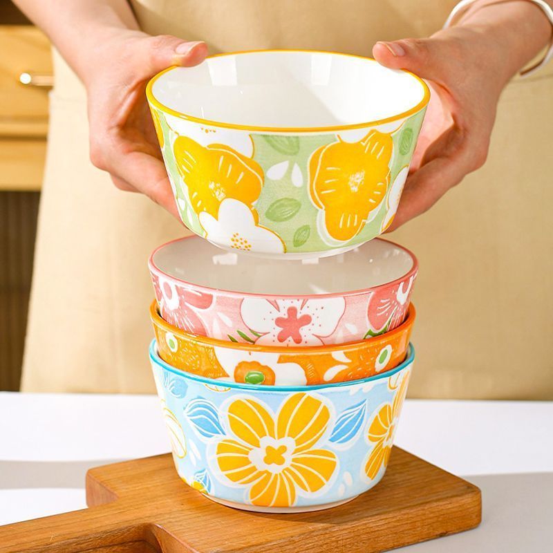 LZJV碗吃饭家用饭碗新款2025碗盘套装盘子碗陶瓷餐具炖蛋整套家庭装 四季花漾 5英寸1只装-混装