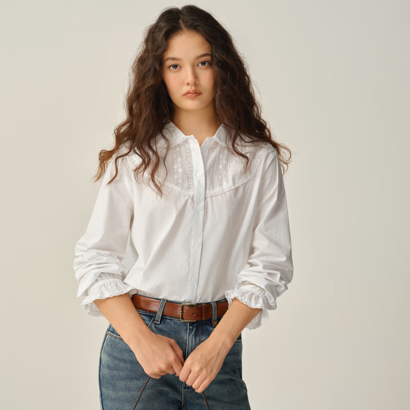 ELAND衣恋衬衫女温柔风翻领长袖上衣2025秋季新款 象牙白/白色(39)Ivory S /160