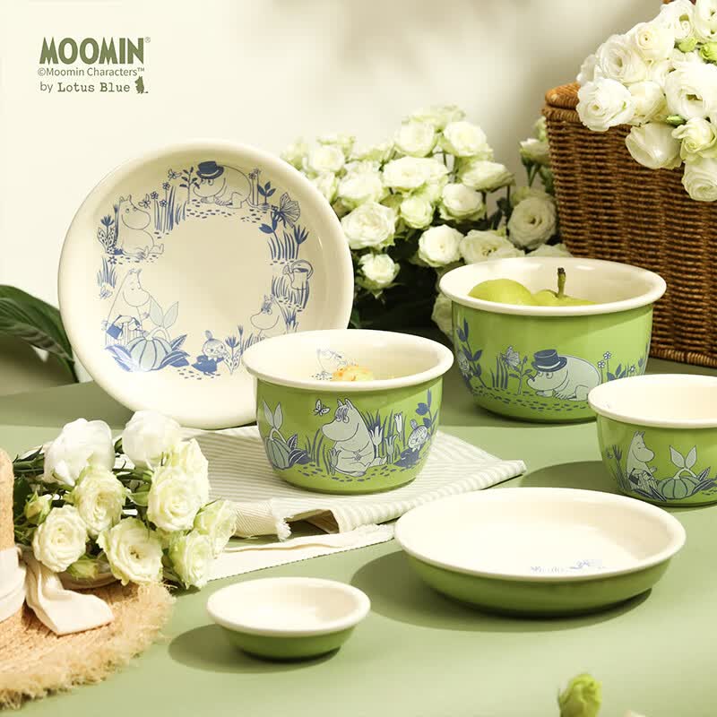 蓝莲花姆明moomin餐具陶瓷碗碟卡通碗盘家用儿童米饭套装碗菜盘子 moomin-gardenlife 6.5寸盘绿色