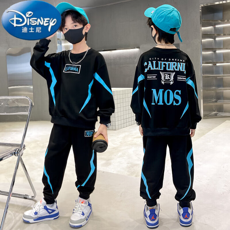 迪士尼（Disney）男童卫衣套装春秋季2025新款中大儿童运动服帅气加绒男孩洋气童装 黑蓝色 MOS 110 cm