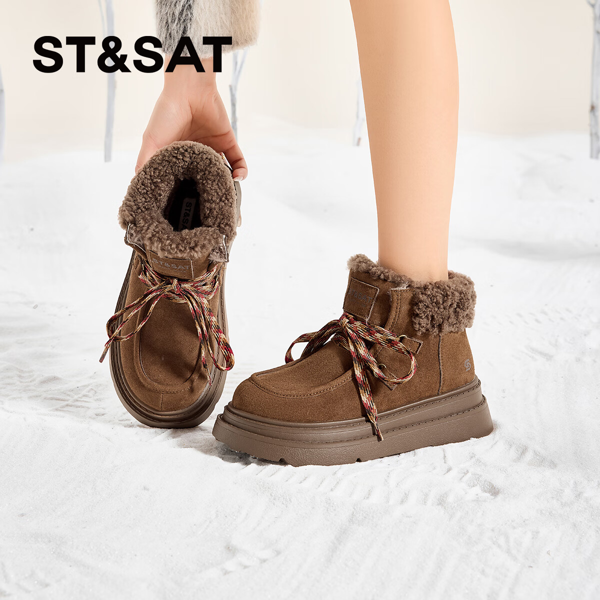 星期六厚底羊毛雪地靴女2025新款冬季复古短靴外穿防滑加绒加厚保暖棉鞋 棕色 【厚底羊毛】跟高5cm 36