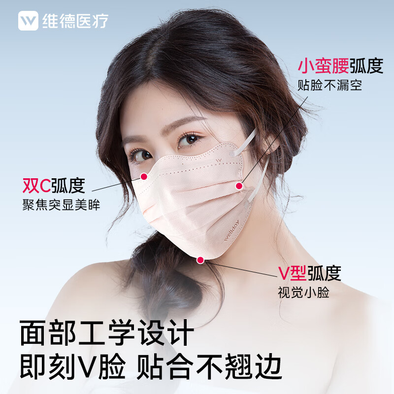 维德（WELLDAY）医用外科口罩一次性口罩独立包装修饰脸型防花粉尘雾霾透气 【蝶型粉色】50只/盒 【1盒】50只