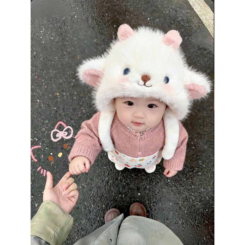 G.duck小黄鸭会动耳朵的帽子毛绒保暖女冬季可爱毛茸茸防寒儿童宝宝 呆萌羊角-米色【内置气囊+耳朵会动】 均码(头围46cm以上可戴)