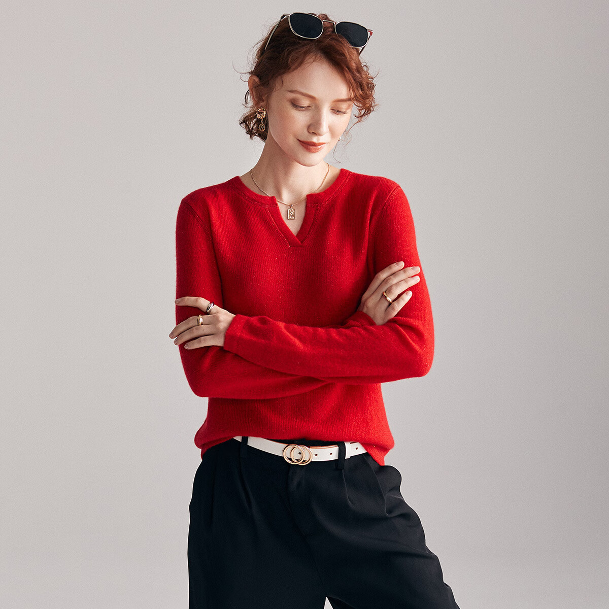 帕罗（PALUOPO）2025精致亨利领山羊绒衫女士秋冬款毛衣打底针织衫ET19156R 大红 XL 170/110