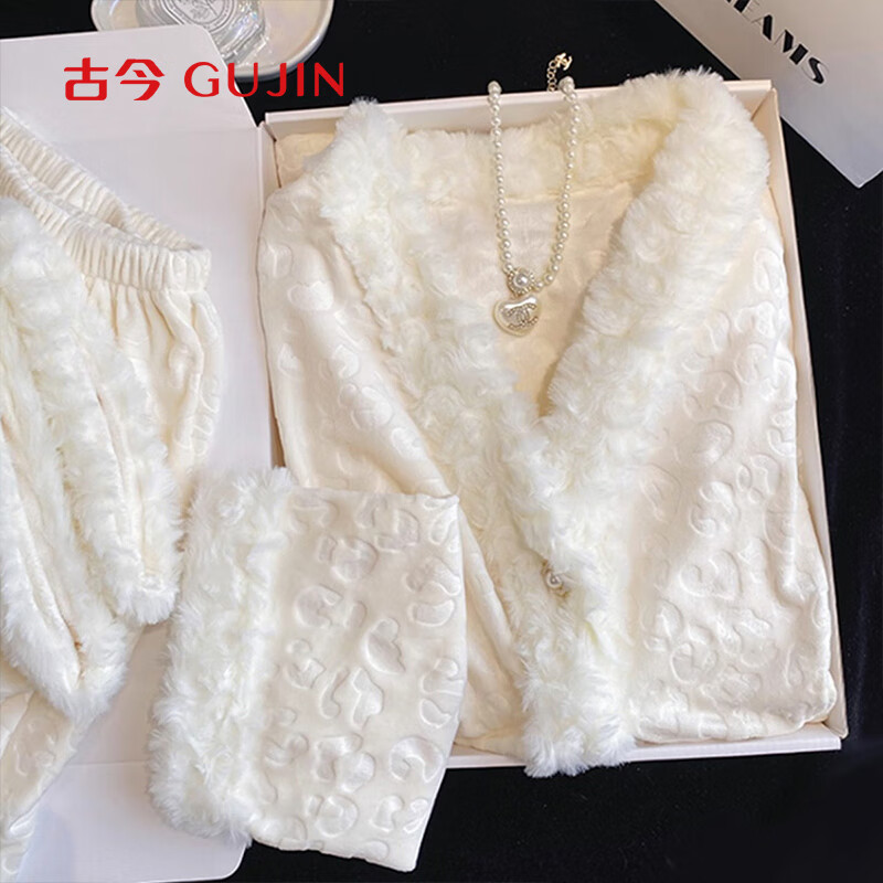 古今（GUJIN）海岛绒御姐风性感V领睡衣女秋冬家居服可外穿睡裤加绒保暖套装XL