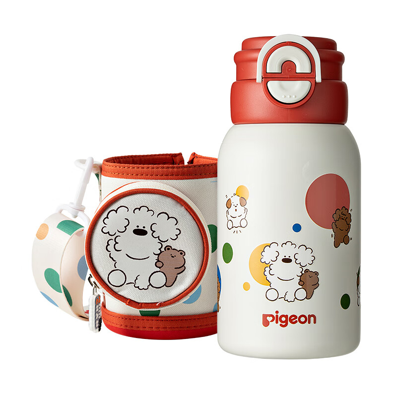 贝亲×miiiiichan儿童保温杯小学生喝水杯双饮杯 316不锈钢 600ML 彩色波点-杯套背带