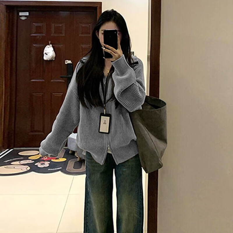 相伊恋人针织衫女秋冬2025新款开衫外套可外穿宽松显瘦拉链毛衣小香风上衣 米灰色【韩系复古抗起球】 均码 【适合80-140斤】