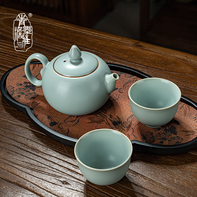 青澹墨雅天青汝窑 茶壶套组开片 冰裂釉功夫泡茶壶 景德镇手工陶瓷礼盒装 玉珠凝香茶组 3件