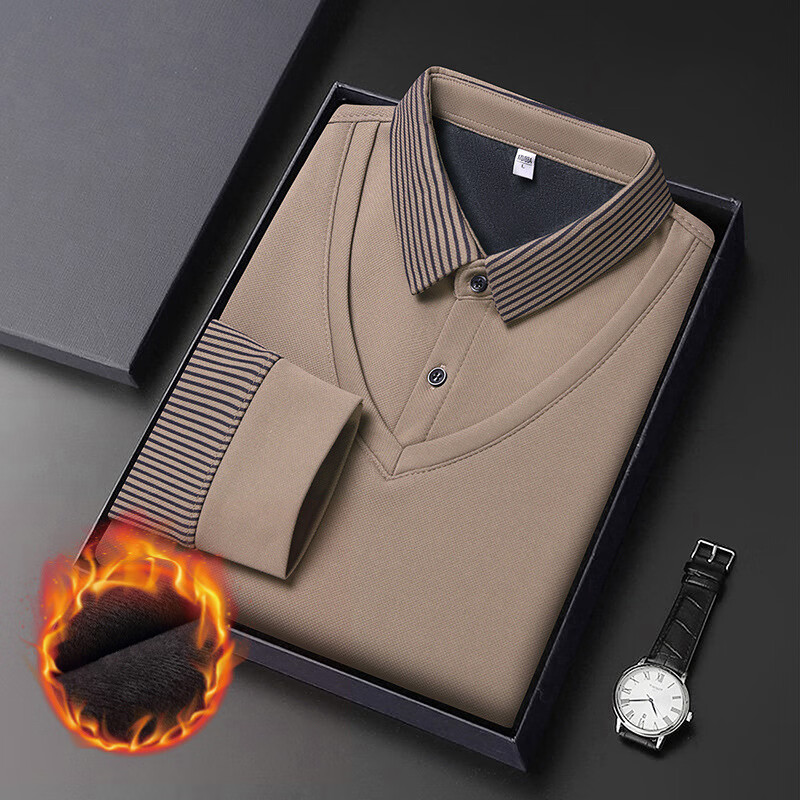 【特价清仓】长袖t恤男秋冬季加绒加厚保暖上衣假两件打底衫xby 卡其色 （加绒款/下滑选尺码） 4XL （适合180-200斤）