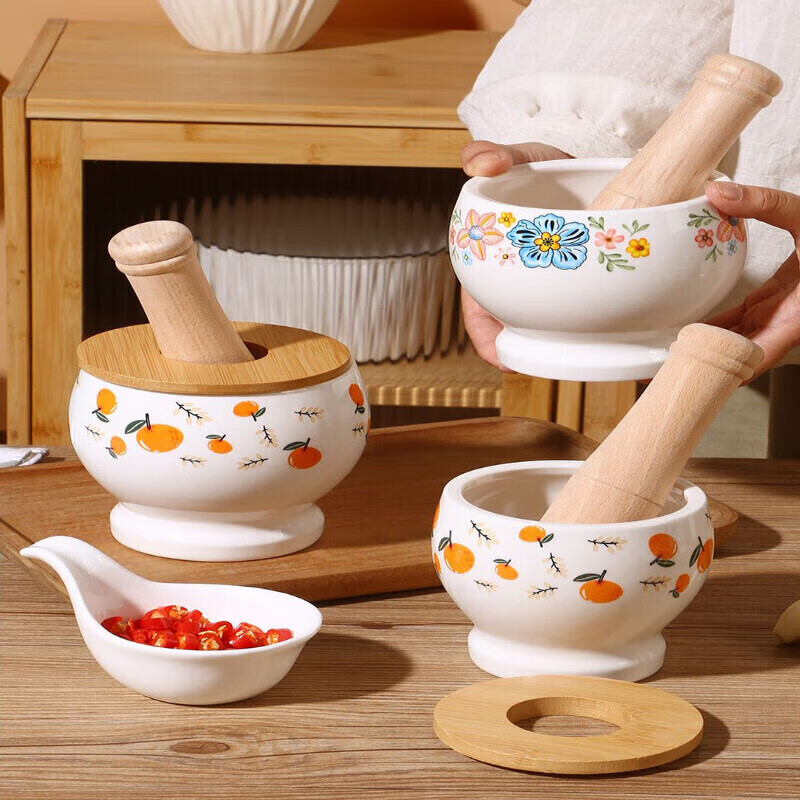 GIOIO捣蒜专用复古加厚蒜臼子手压式带盖捣碎器商用带盖螺纹研磨瓷罐子 万事大吉【捣蒜器-400ml】+榉木棒