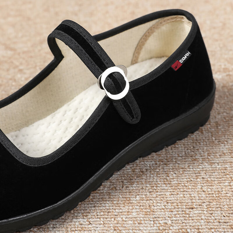 双星八特老北京布鞋女平绒一字带舒适妈妈鞋舞蹈防滑软底平底鞋酒店工作鞋 黑色 36