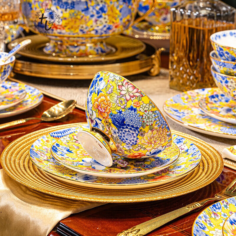 图鲤新款景德镇轻奢珐琅彩餐具宫廷风万花珐琅彩碗盘碟家用整套送礼 珐琅彩金地万花 70头