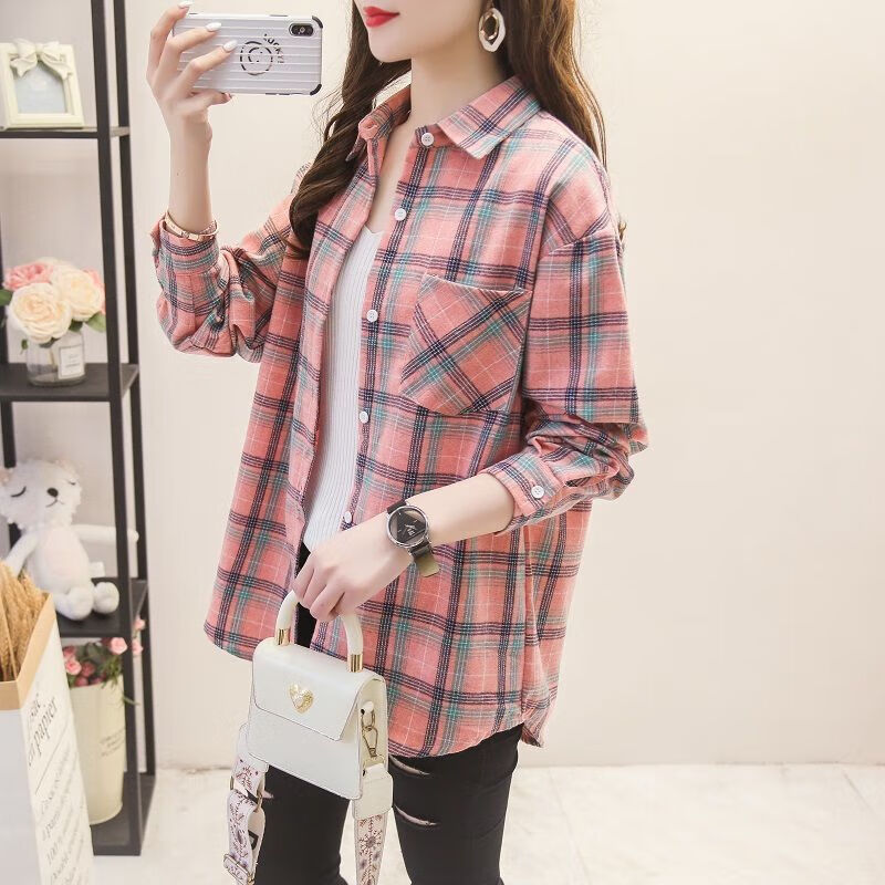 蓝骏启磨毛ins格子衬衫女长袖外穿春秋英伦风衬衣学生洋气外套 粉红色