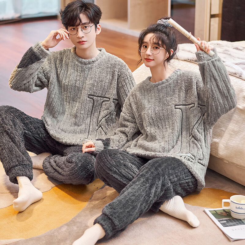 DAPHNE达芙妮【A】冬季情侣睡衣法兰绒加厚珊瑚绒舒适长袖套头男女孕妇家居服 541-542 男款：XXXL(150-170斤)