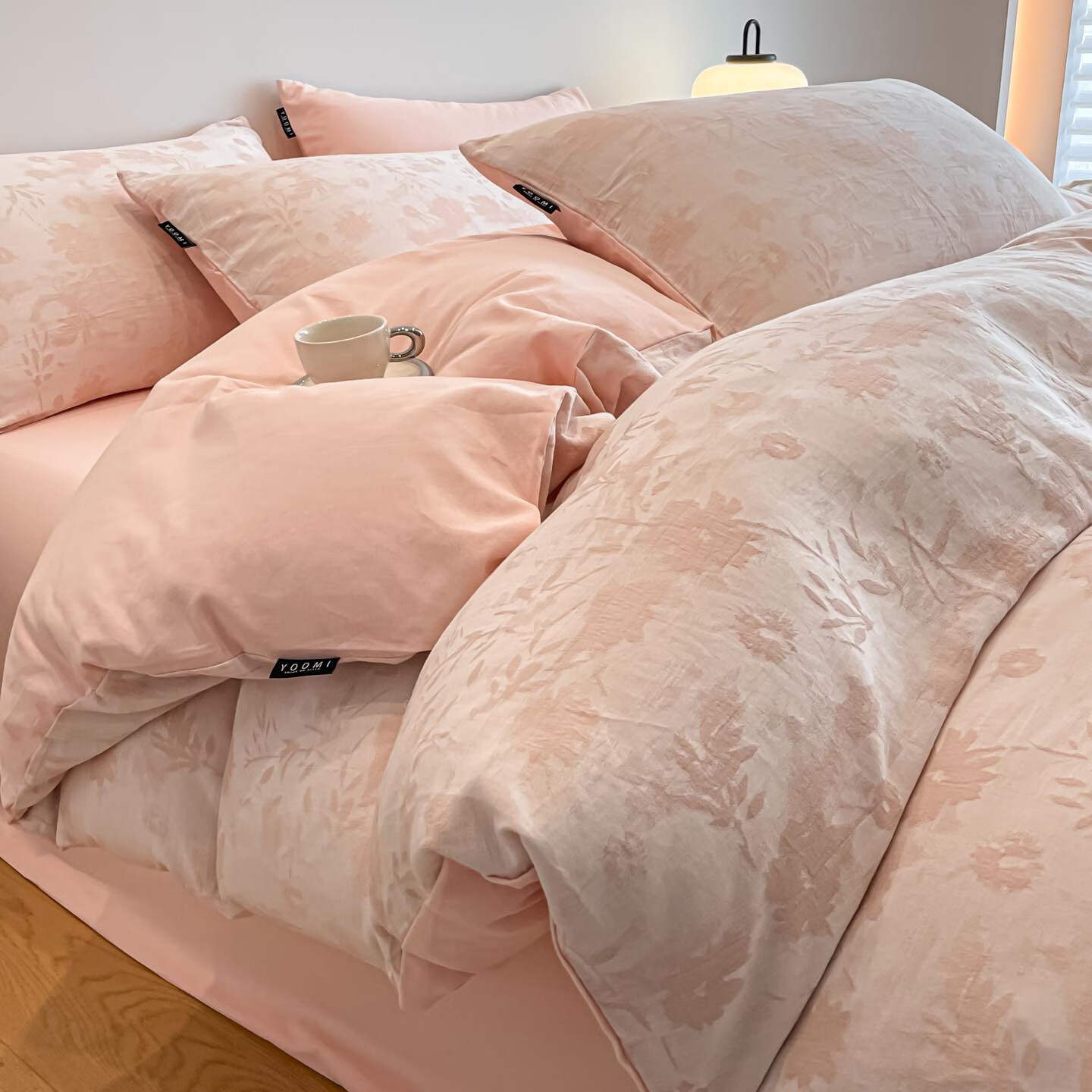 兰芮（Lanrui）A类全棉磨毛色织提花100%新疆棉单双人套件 墨菡-粉 1.5/1.8m 床单款 被套200*230cm