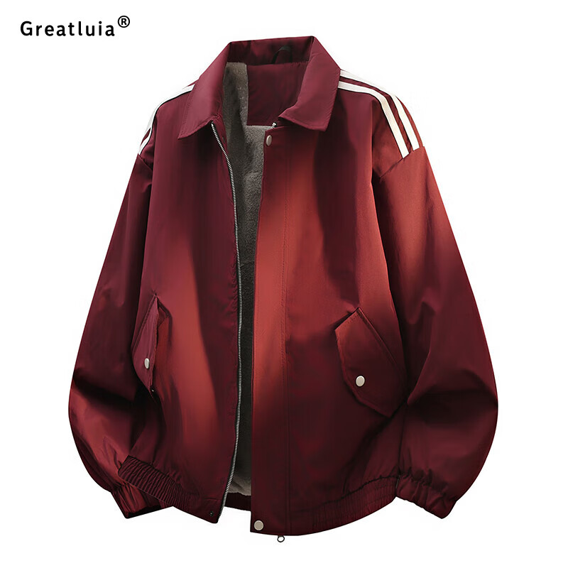 GREATLUIA秋冬季新款美式三条杠加绒翻领工装夹克宽松休闲简约百搭外套 酒红 XL
