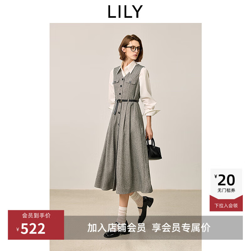 LILY2025冬新款女装格雷系复古无袖收腰V领气质通勤马甲式连衣裙 501灰色 XL