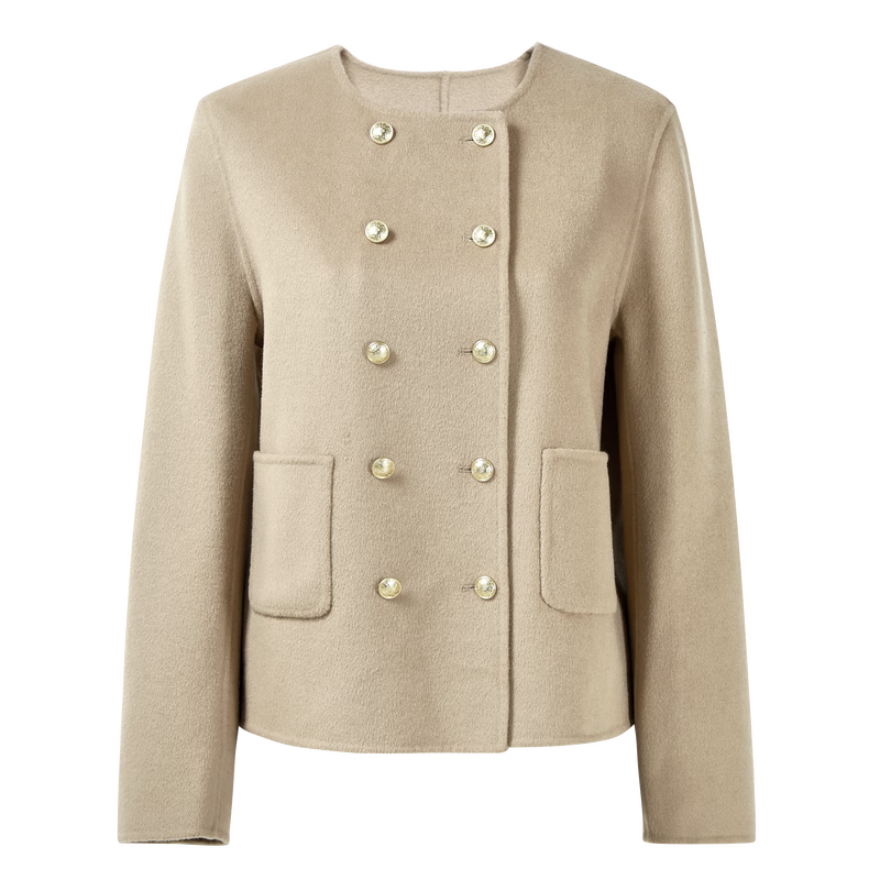 秋水伊人简约圆领时尚短款羊毛大衣女百搭小个子毛呢外套 卡其色 L