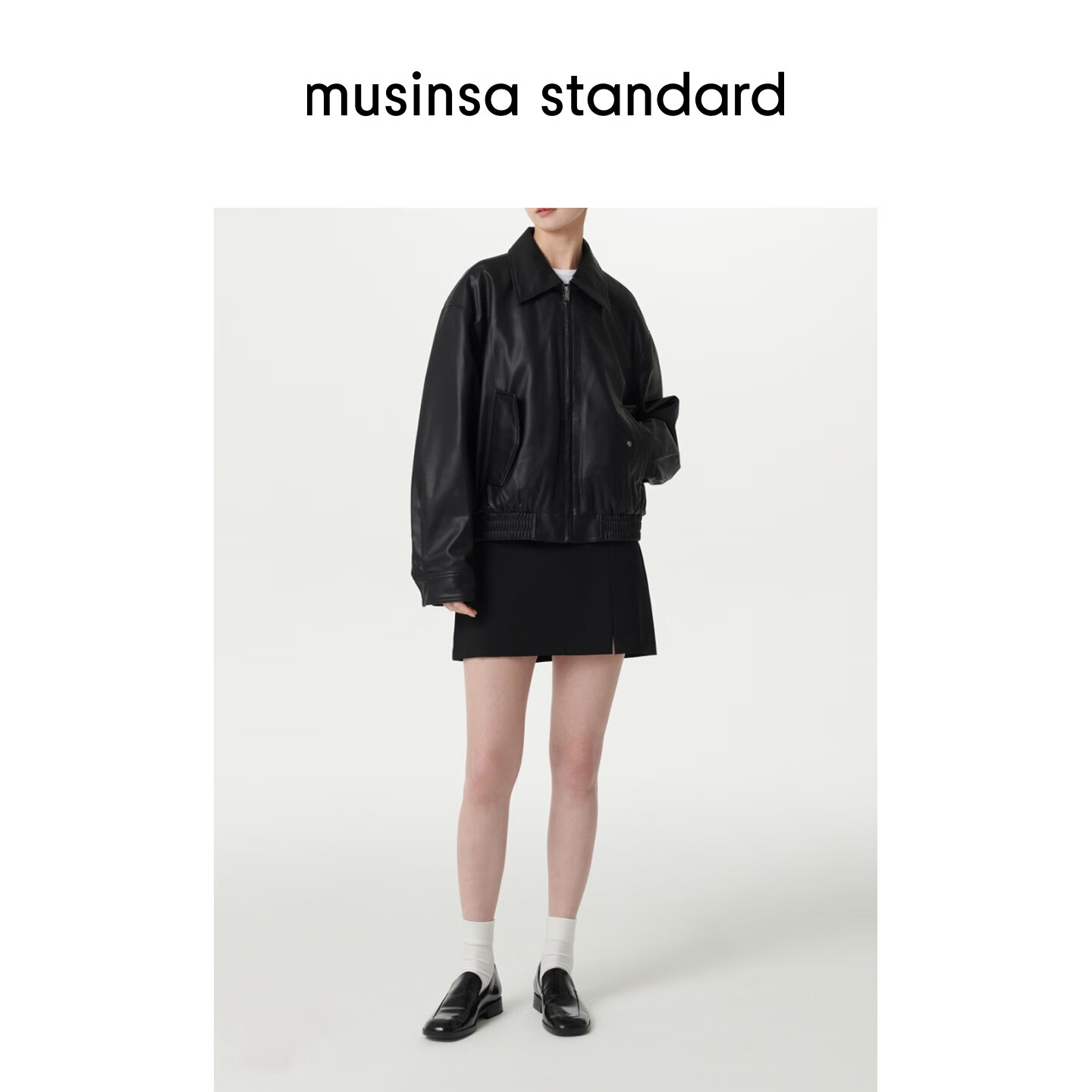 MUSINSA STANDARD韩国春季女士短款宽松复古潮酷男友风夹克外套 黑色(BK) S