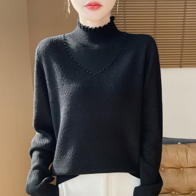 香影芬木耳边花边领半高领洋气小香风针织衫女宽松秋冬外穿毛衣打底衫女 米白色 L (建议105-115斤)