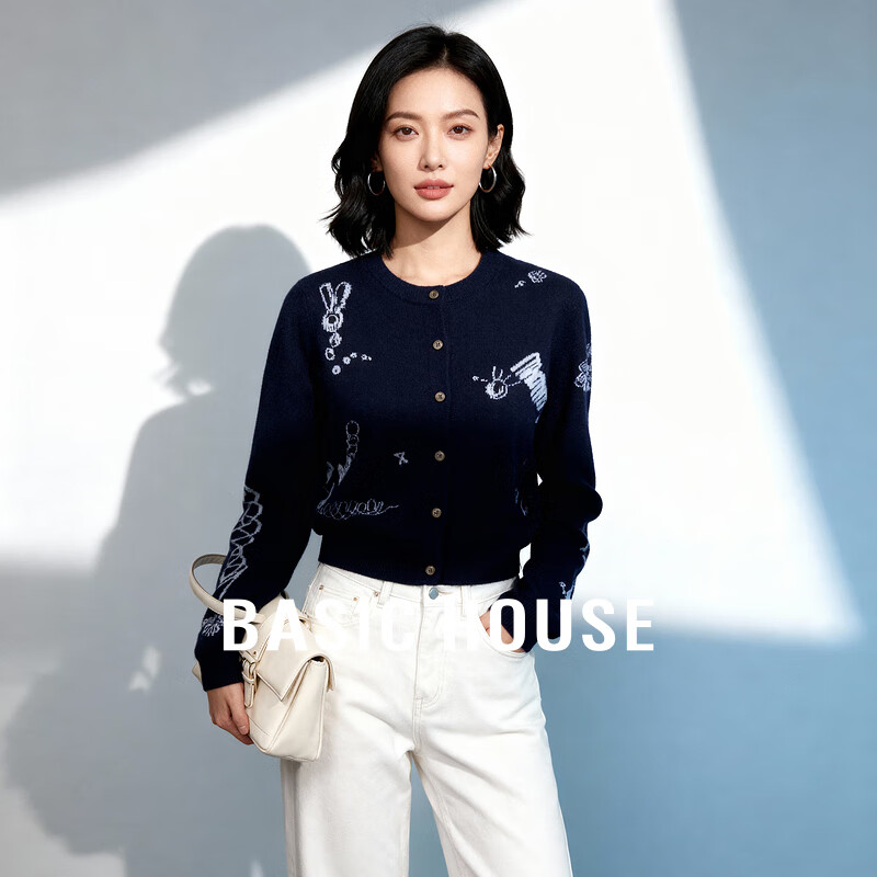 Basic House/百家好卡通刺绣开衫外套秋季绵羊毛圆领长袖针织衫女 藏青色 L （105-120斤）