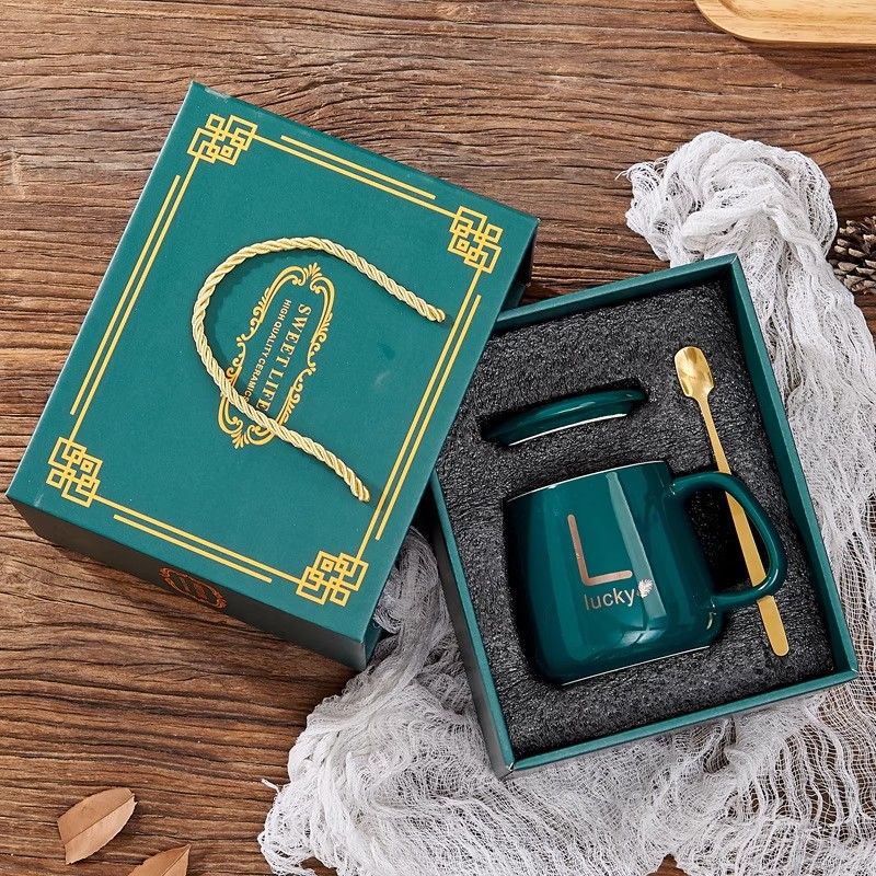 咏幻陶瓷马克杯暖暖杯礼盒套装伴手礼水杯加盖杯子 墨绿单杯礼盒装