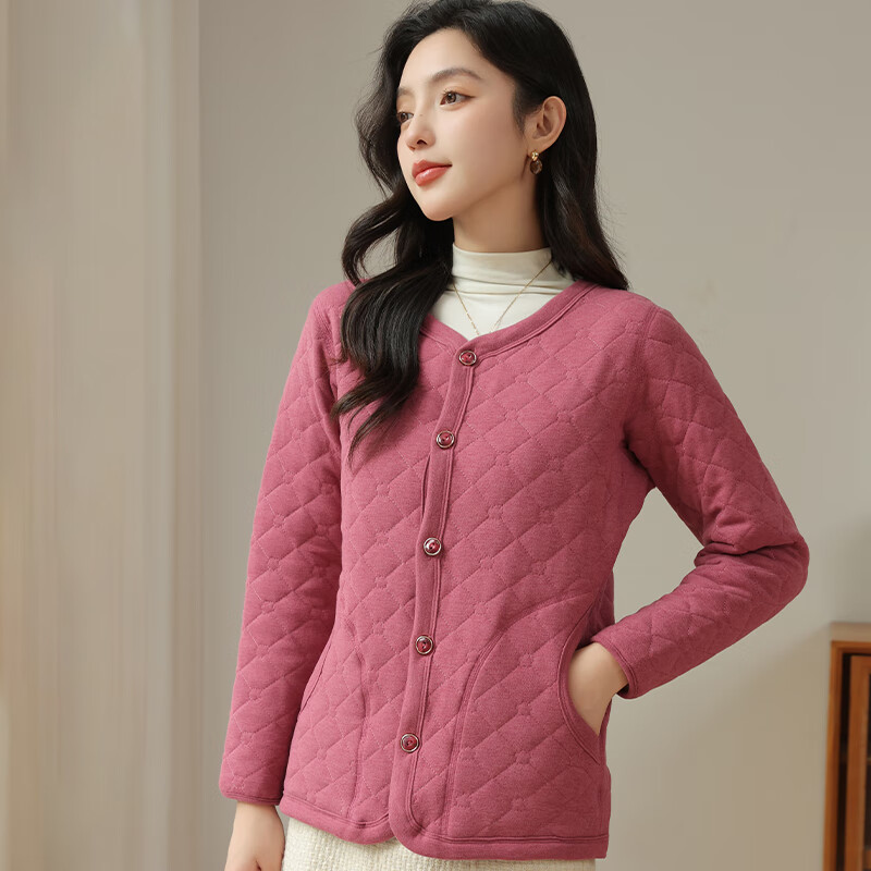 古今（GUJIN）女士保暖上衣夹棉加厚内搭加绒外套开衫秋冬防寒中老年100绵羊毛 紫色-100%羊毛 （蓄热保暖） XL 【推荐45-55kg】