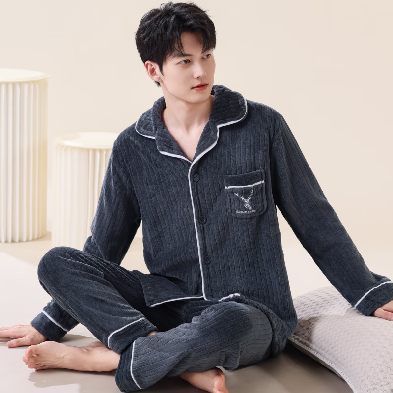 雪中飞珊瑚绒睡衣男士秋冬季加绒加厚2025新款法兰绒家居服套装大码保暖 NSCJF-灰色抽条小鹿 2XL 【宽松版型建议155-180斤】