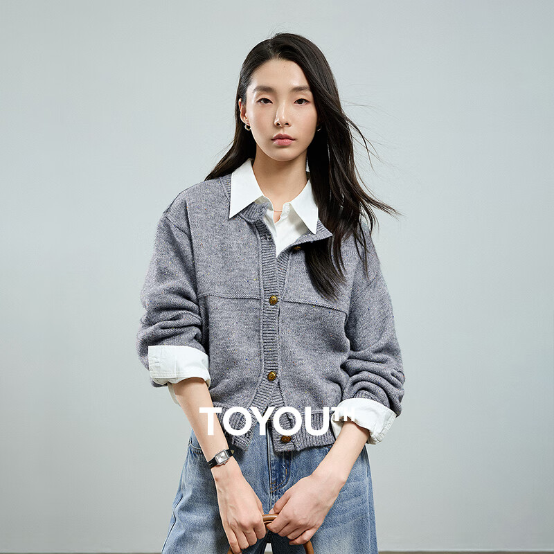 初语毛衣外套女2025秋季新款彩点毛织圆领复古小香风开衫 花灰色 M