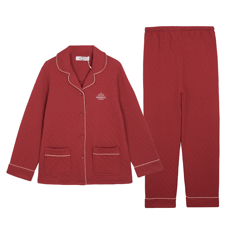 美标冬季睡衣女空气夹层夹棉加厚保暖男士纯棉情侣家居服 铁锈红 2XL