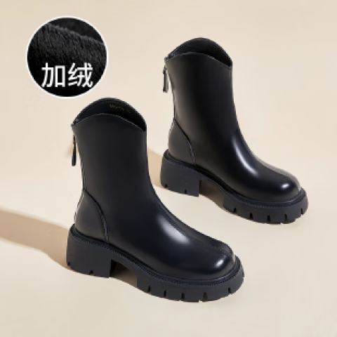 大东秘语马丁靴女英伦风瘦瘦靴2025秋冬新款厚底中筒靴粗跟显瘦女士短靴 黑色加绒款 36