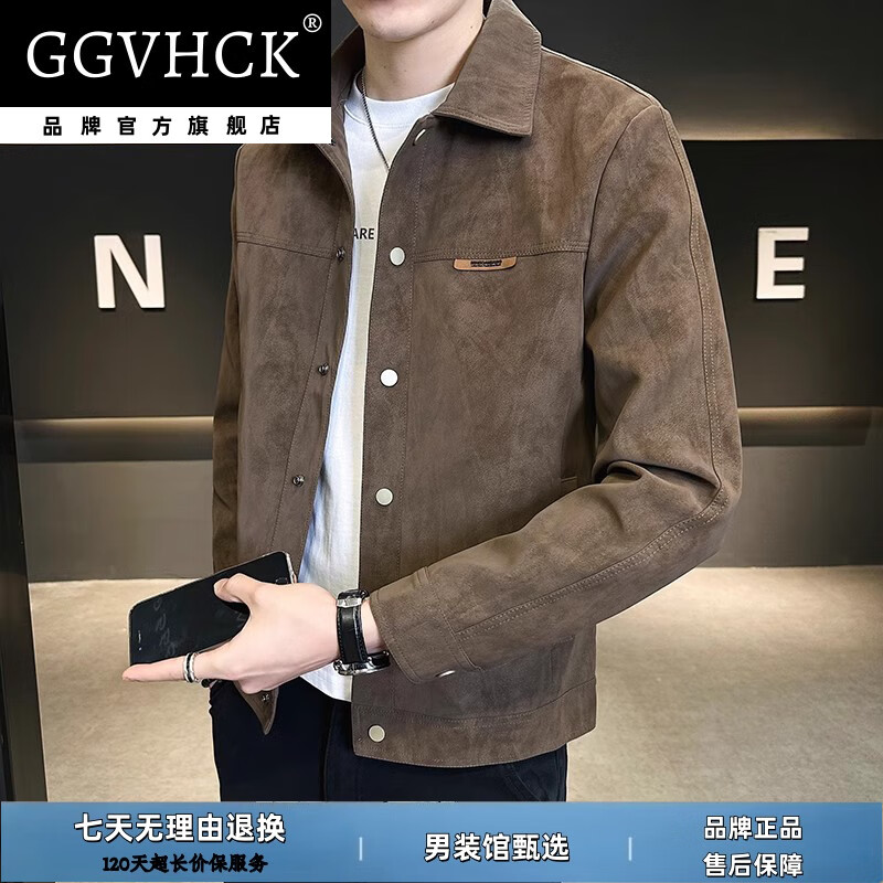 GG VH CK品牌轻奢夹克男士2026春季新款高级感仿鹿皮商务休闲男外套高档 黑色加绒款 4XL