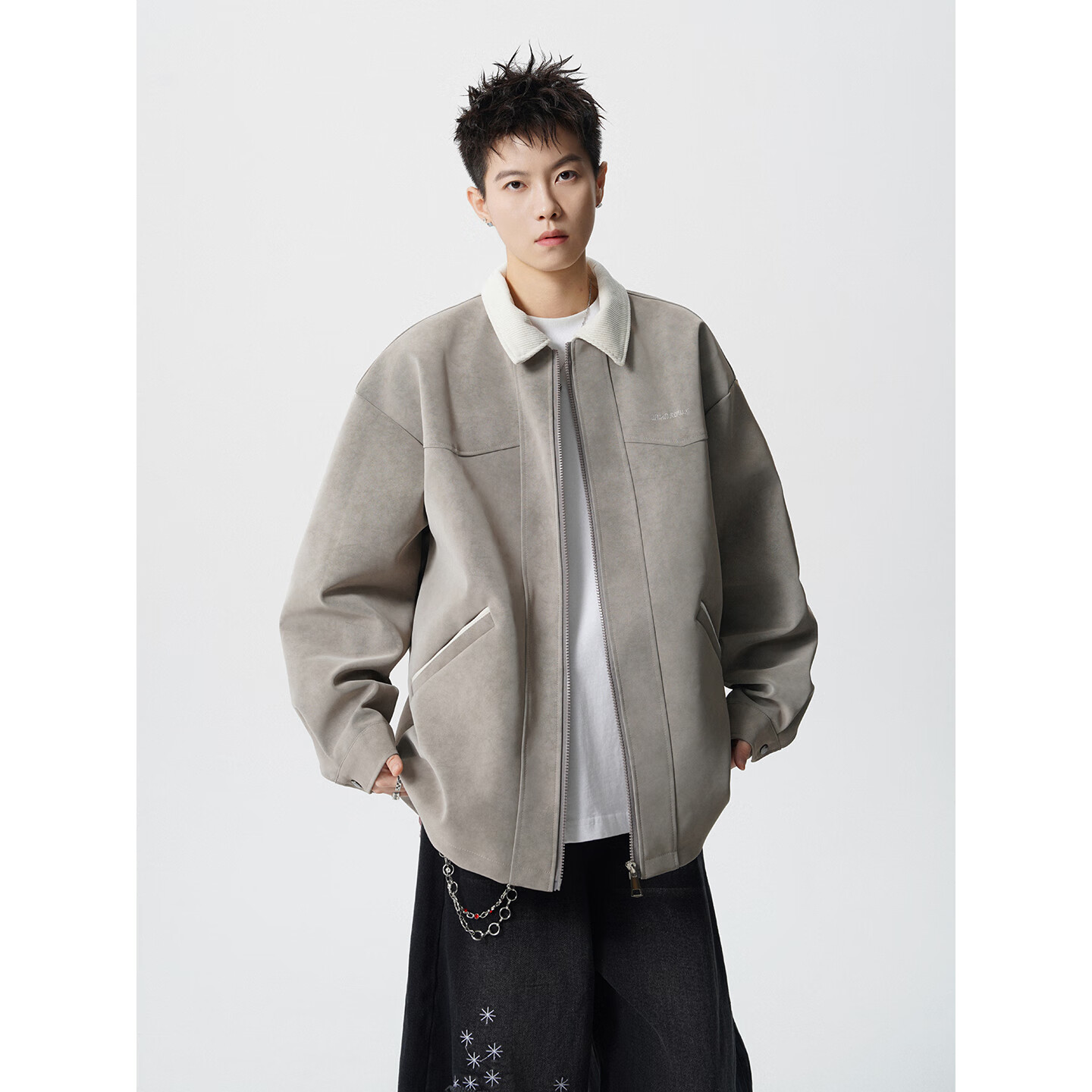 Shelley Jones美式复古pu皮衣夹克男士外套春秋季新款休闲撞色刺绣大码上衣服装 卡其色 L [建议110-125斤]