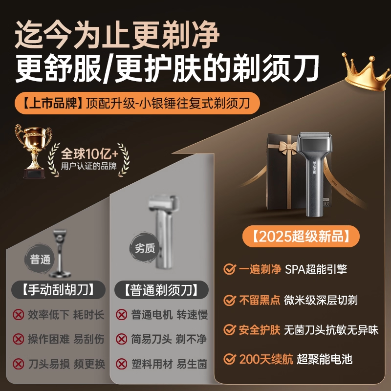 RASW【明星同款】德国品牌剃须刀电动男士2026新款往复式刮胡刀小巧便携送男生父亲节礼物热卖第一小锤 【冰川银】往复式剃须精钢三刀头护肤不夹须一遍剃净