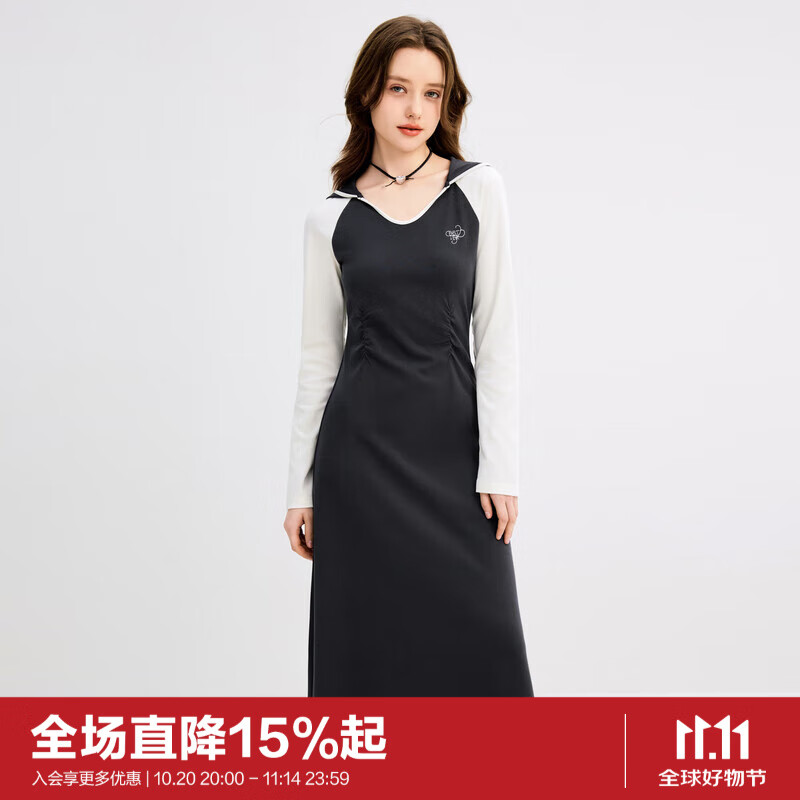 乐町学院风针织开叉连衣裙V领连帽显瘦抽褶撞色长裙 浅灰（现货） S