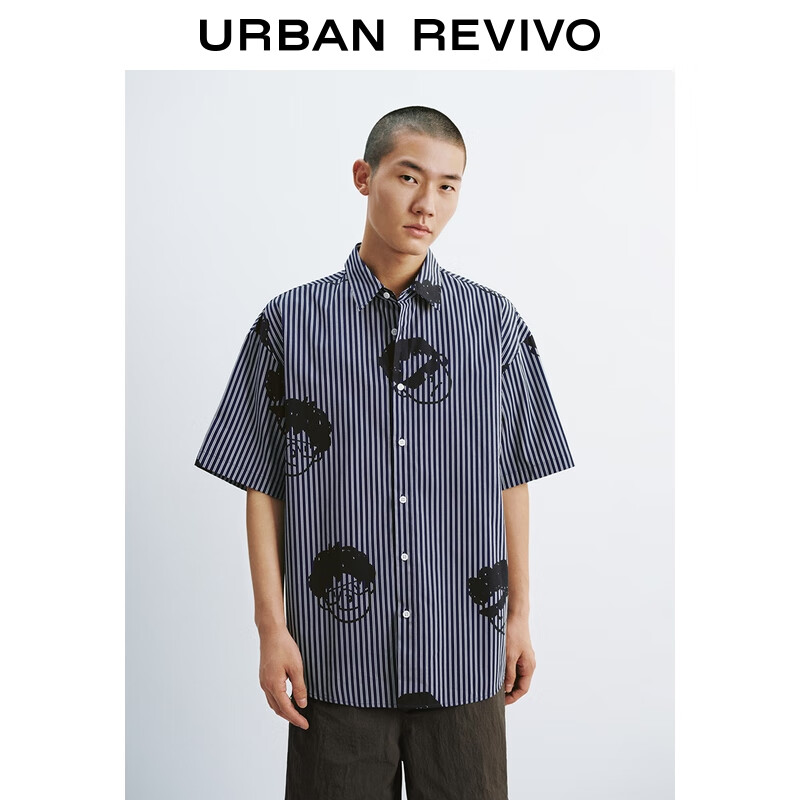 UR秋季新款男休闲少年感撞色条纹印花开襟衬衫UMY250020 深蓝色条纹 S