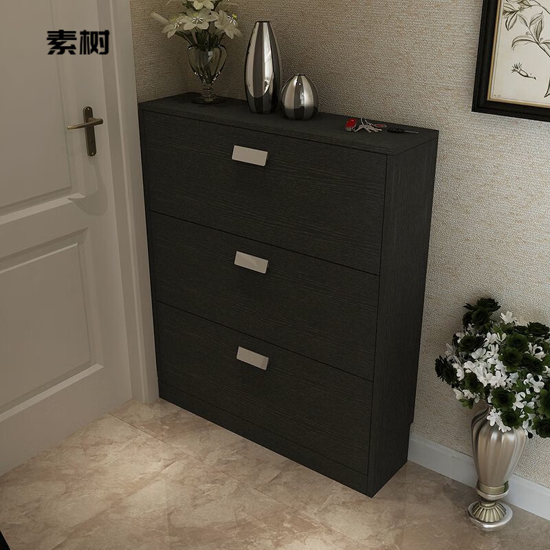 素树家居黑色超薄鞋柜17cm极窄入户门口走廊客厅小户型经济型玄关收纳柜 自己安装 鞋柜：50*17*107cm（单排）