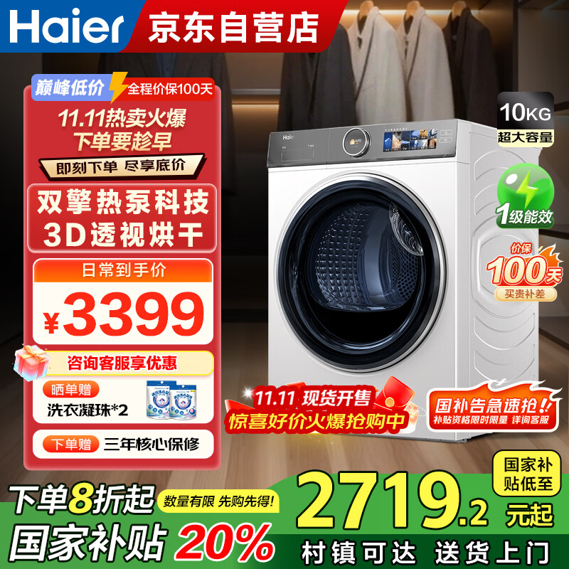 海尔（Haier）家用烘干机热泵10公斤干衣机烘衣服小型变频除螨菌 TFT彩屏HGY100-F386WU1家电国家补贴