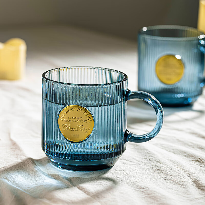 乐唯诗（LOVWISH）竖纹玻璃杯带把手喝水杯子ins高颜值咖啡杯家用泡茶杯加厚牛奶杯 墨蓝竖纹巴克杯【双色混装】330ml/2只