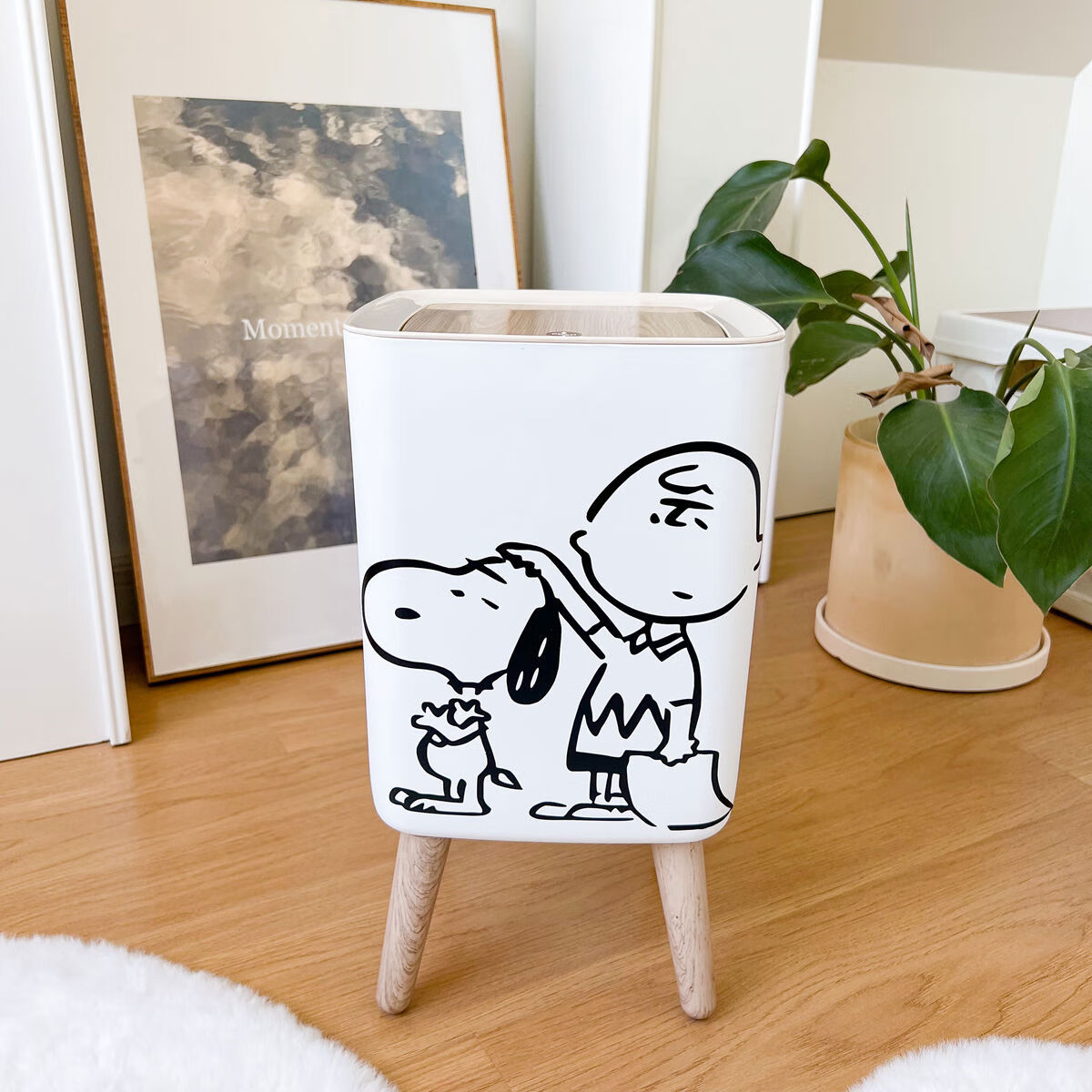 飛達(dá)三和ins日式簡(jiǎn)約方形落地彈蓋高腳垃圾桶臥室可愛(ài)小狗按壓收 方形高腳-史努比查理