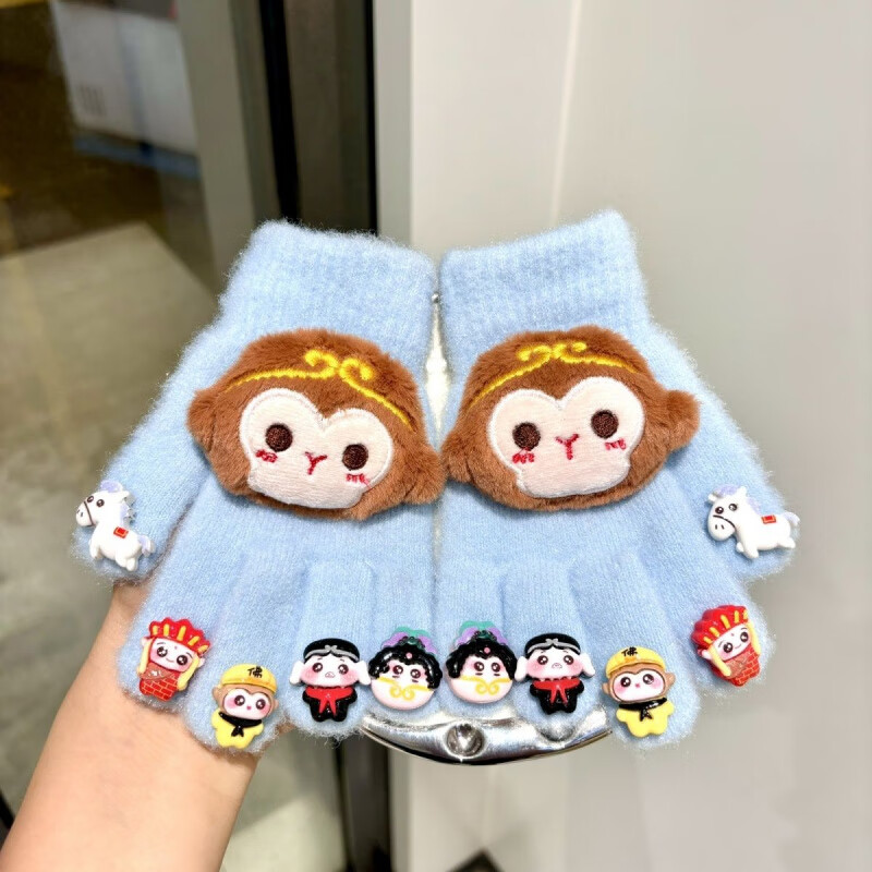 G.duck小黄鸭2025孙悟空儿童手套男宝宝冬季新款卡通分指保暖指套五指男 黑色孙悟空 小童(2-6岁)