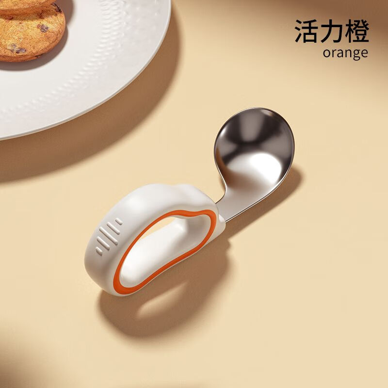 DEATKN宝宝勺子训练婴儿自主进食专用吃饭学吃不锈钢叉子辅食勺儿童餐具 【儿童弯勺】活力橙