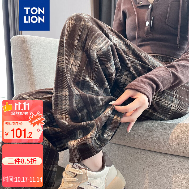 唐獅(TonLion)2024女休閑松緊格紋休閑褲 深咖棕/二批 M