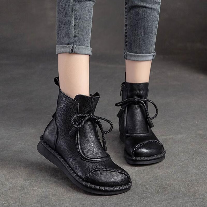 【品质好物】百搭复古民族风平底短靴秋冬季新款单靴软底马丁靴女 黑色单里 37 （脚宽胖拍大一码）