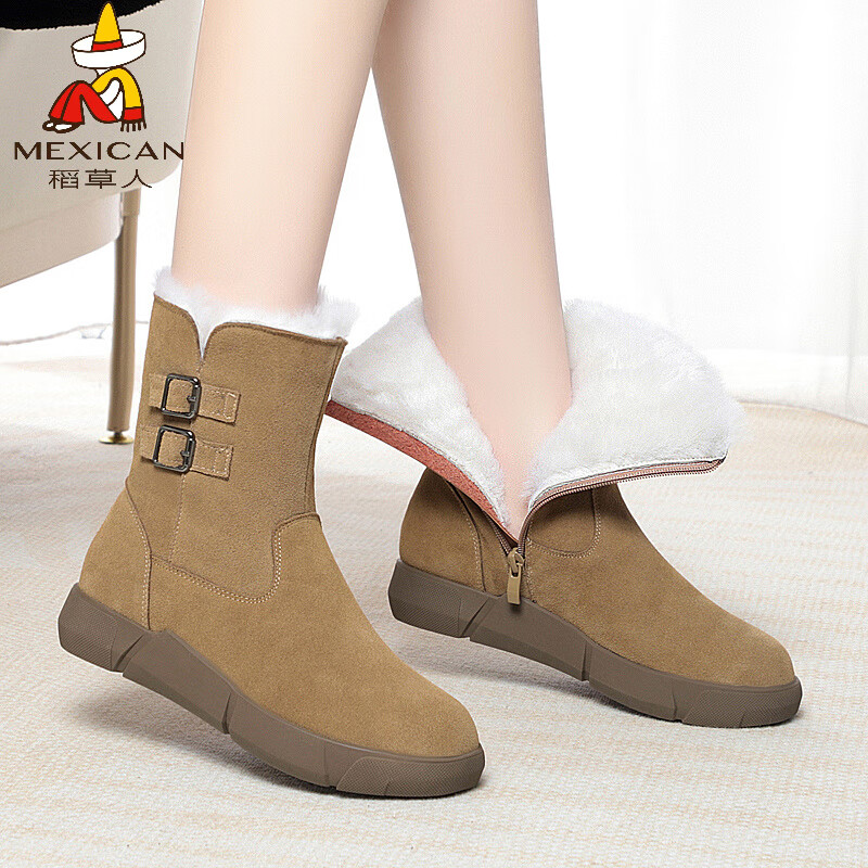 稻草人（MEXICAN）品牌皮毛一体雪地靴冬季女鞋加绒加厚保暖东北棉鞋防水防滑羊毛靴 卡其色 35
