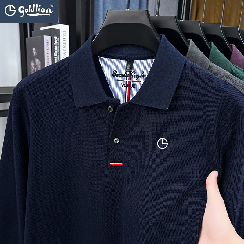 金利来长袖t恤男2025秋季新款翻领纯色商务休闲纯棉POLO衫上衣 藏青【长袖】 2XL 推荐150-170斤