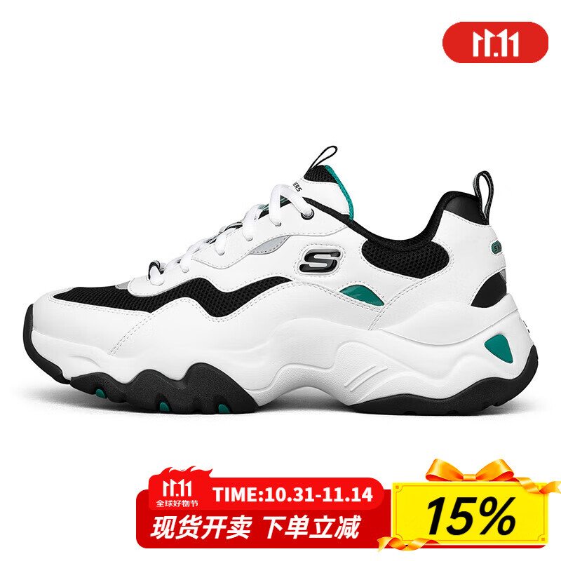 斯凯奇（Skechers）男鞋夏季2025新款熊猫鞋轻便休闲鞋厚底增高老爹鞋网面透气运动鞋 白色/绿色-WGRN 39.