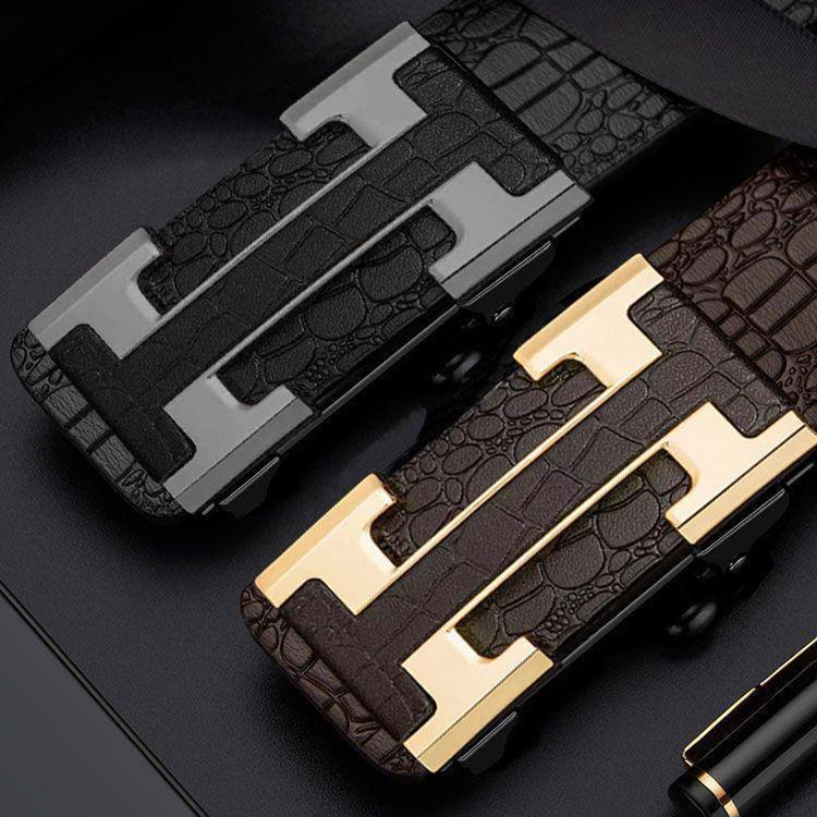 【买一送一】男士无牙自动扣腰带商务百搭时尚潮流裤腰带男潮流 F01sss金扣咖带+F01sss黑扣黑带【礼盒装】 110cm (140斤以内)