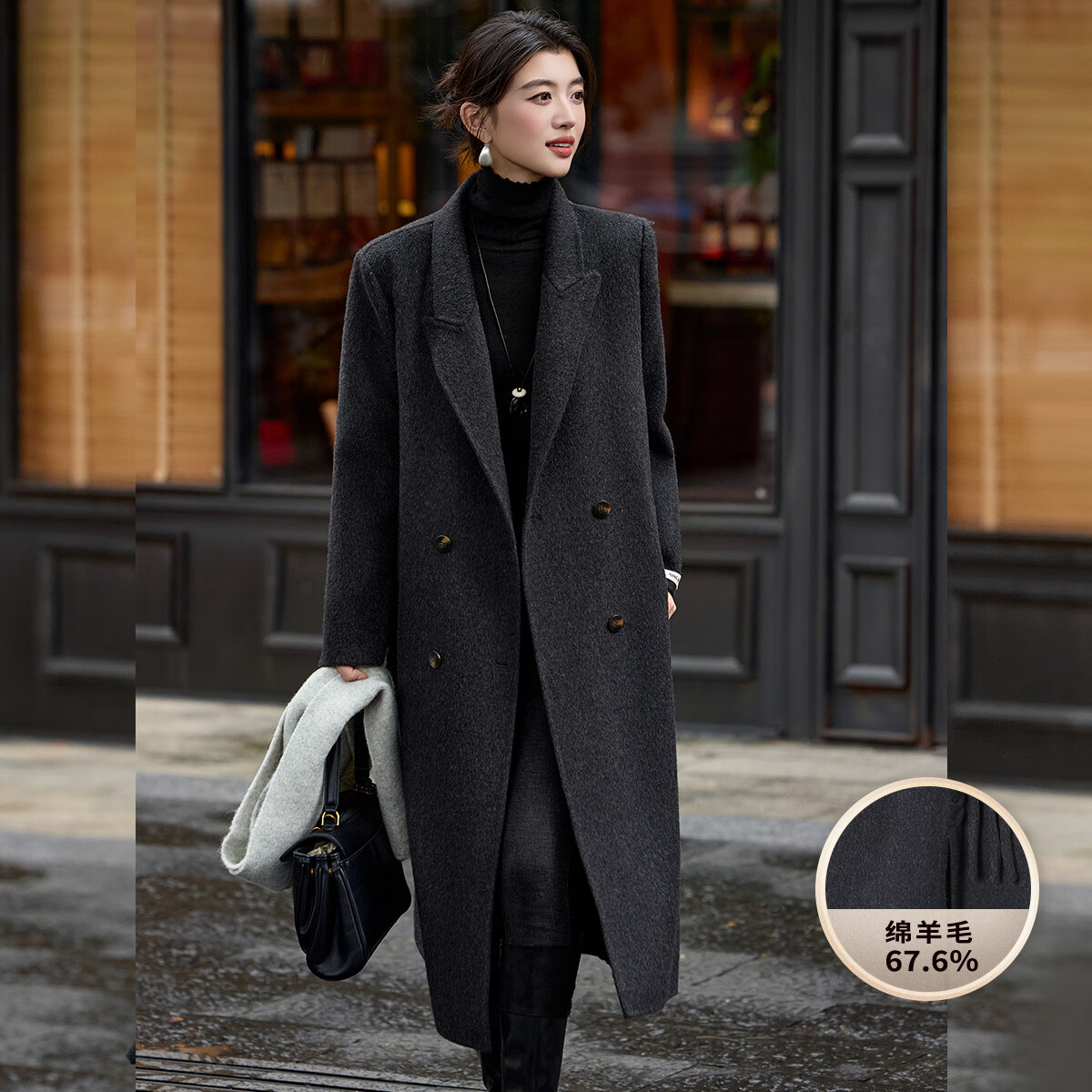 白鹿语西装领通勤羊毛大衣25冬季新款直筒显瘦双面呢外套女 深灰色 L